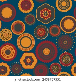 Seamless pattern with geometric aboriginal ornament. Ethnic tribal rounded color background. Afican, australian motiph. Dots painting. Vector illustration, template design for cloth, card, fabric.