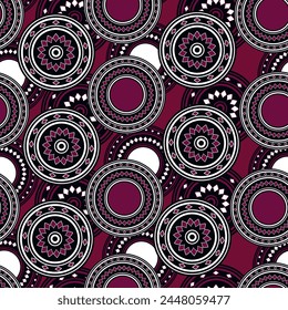 Seamless pattern with geometric aboriginal ornament. Ethnic tribal rounded color background. Afican, australian motiph. Dots painting. Vector illustration, template design for cloth, card, fabric.