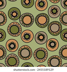 Seamless pattern with geometric aboriginal ornament. Ethnic tribal rounded color background. Afican, australian motiph. Dots painting. Vector illustration, template design for cloth, card, fabric.