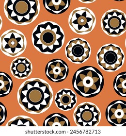 Seamless pattern with geometric aboriginal ornament. Ethnic tribal rounded color background. Afican, australian motiph. Dots painting. Vector illustration, template design for cloth, card, fabric.