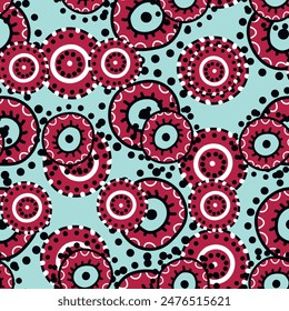 Seamless pattern with geometric aboriginal ornament. Ethnic tribal rounded color background. Afican, australian motiph. Dots painting. Vector illustration, template design for cloth, card, fabric.