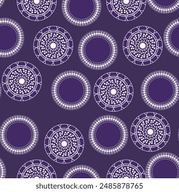 Seamless pattern with geometric aboriginal ornament. Ethnic tribal rounded color background. Afican, australian motiph. Dots painting. Vector illustration, template design for cloth, card, fabric.