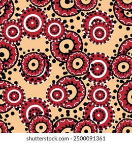 Seamless pattern with geometric aboriginal ornament. Ethnic tribal rounded color background. Afican, australian motiph. Dots painting. Vector illustration, template design for cloth, card, fabric.