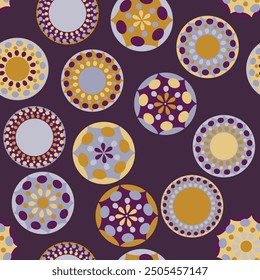 Seamless pattern with geometric aboriginal ornament. Ethnic tribal rounded color background. Afican, australian motiph. Dots painting. Vector illustration, template design for cloth, card, fabric.