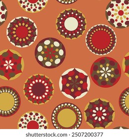 Seamless pattern with geometric aboriginal ornament. Ethnic tribal rounded color background. Afican, australian motiph. Dots painting. Vector illustration, template design for cloth, card, fabric.