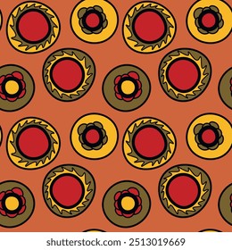 Seamless pattern with geometric aboriginal ornament. Ethnic tribal rounded color background. Afican, australian motiph. Dots painting. Vector illustration, template design for cloth, card, fabric.