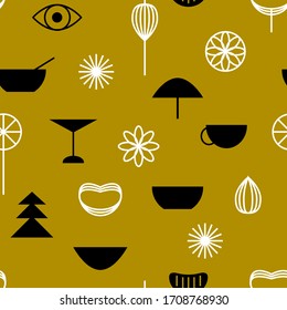 Seamless pattern of geometric abstract elements of food and utensils for menu decoration. Cartoon. Simple forms
dishes for a restaurant or cafe. Black and white on a brown background