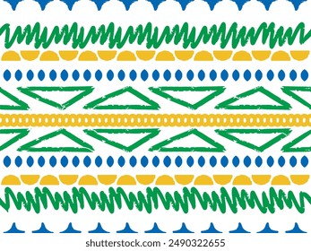 Seamless pattern of geometric and abstract elements in the colors of the Brazilian flag which are green, yellow and blue