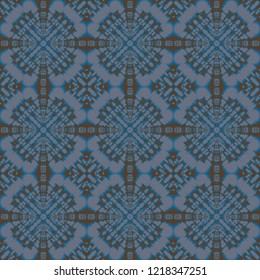Seamless pattern of geometric abstract ornaments in brown and blue colors. Vector illustration can be used for textiles, wallpaper and wrapping paper.