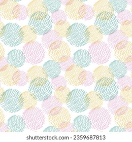 Seamless pattern, geometric abstraction. Vector. Circles of stripes and dotted lines in green, pink, yellow. Round geometric simple texture. Textile design, cards, packaging, surface design