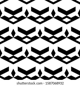 Seamless pattern. Geometric backdrop. Ethnic motif. Diamonds, curves, shapes wallpaper. Rhombuses, chevrons, figures ornament. Digital paper, textile print, web design, abstract background. Vector.