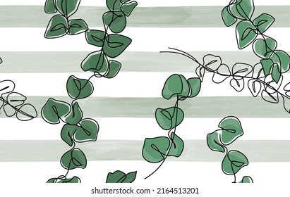 Seamless pattern in geometric background and eucalyptus leaves and branches in minimal line art. Vector illustration.