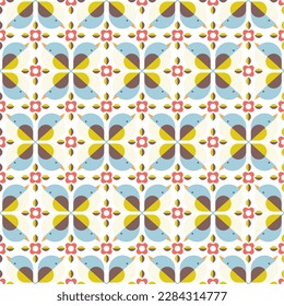 Seamless Pattern with geometric birds and lflowers. Repeatable tile pattern with birds and flowers. 