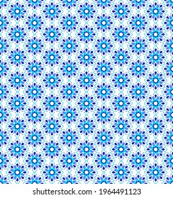 
Seamless pattern. Geometric blue flowers on a white background. Arabesque.