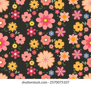 Seamless pattern of geometric bright flowers. Flower icon top view, simple flowers in doodle style. Print for textiles, packaging, wallpaper, fabric. Baby, girly illustration in flat style on dark
