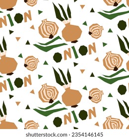 Seamless pattern of geometric bulbs, hand-drawn, with an inscription. Vector illustration of vegetables. For wrapping paper, street festival, farmer's market, country fair, shop, menu, cafe