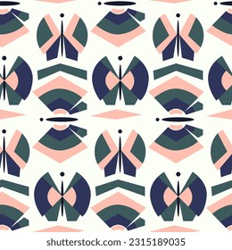 Seamless pattern with a geometric butterfly in pink and blue colors. Summer, spring. Art deco stile. Texture with circles. squares, spirals. For postcards, textiles, wallpaper, wrapping paper.