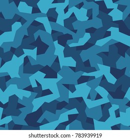 Seamless pattern with geometric camouflage. Abstract military blue background.