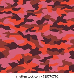 Seamless pattern with geometric camouflage in red colors. Vector modern abstract background.