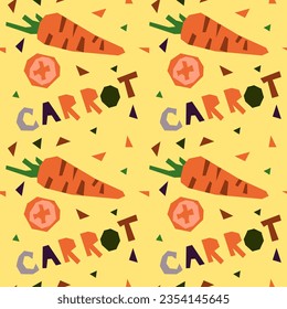 Seamless pattern of geometric carrots, hand-drawn, with an inscription. Vector illustration of vegetables whole and in section. For wrapping paper, street festival, farmer's market, country fair, shop
