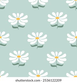 Seamless pattern with geometric chamomile flowers in retro hippie style. Vector floral background. Vintage fashionable print with daisy funky flowers in 1970s style