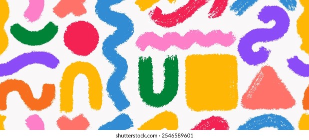 Seamless pattern geometric charcoal thick wavy lines, circle in childish style. Retro strokes for print, collage. Naive style waves, brushes curve. Vector Seamless pattern bold grunge shapes.