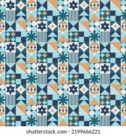 Seamless pattern with geometric Christmas motifs. Repeatable pattern tile design for winter holidays in neo geometric style. For wrapping paper, wallpaper, textile, poster background, etc. 