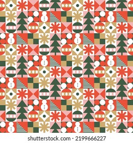 Seamless pattern with geometric Christmas motifs. Repeatable pattern tile design for winter holidays in neo geometric style. For wrapping paper, wallpaper, textile, poster background, etc. 