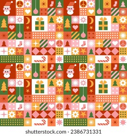  Nahtloses Muster mit geometrischen Weihnachtsmotiven. Wiederholbares Muster Fliesendesign für Winterferien im Neogeo-Stil. Zum Einpacken von Papier, Tapete, Textilien, Hintergrund.Vektorgrafik