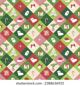 Seamless pattern with geometric Christmas motifs, repeatable diagonal pattern tile design for winter holidays. For wrapping paper, wallpaper, textile, poster background and more.