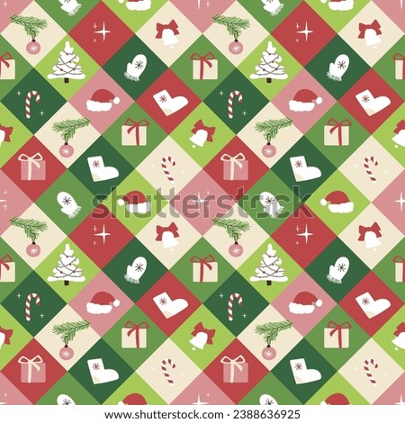 Seamless pattern with geometric Christmas motifs, repeatable diagonal pattern tile design for winter holidays. For wrapping paper, wallpaper, textile, poster background and more.