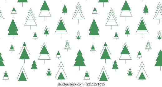 Seamless pattern with geometric Christmas trees, set with green trees, simple triangles on a white background. Color vector print for holiday wrapping paper, new year, textile design.