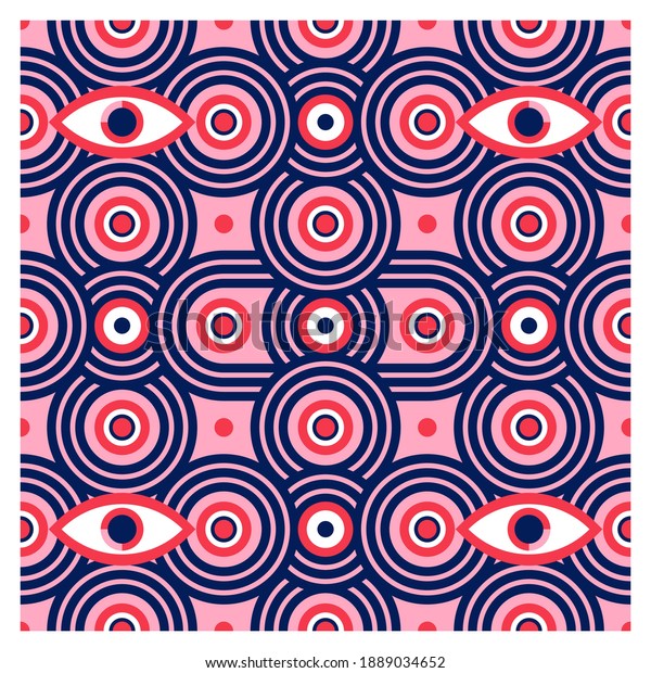 Seamless pattern of geometric circles shapes and\
eyes. Poster design.
