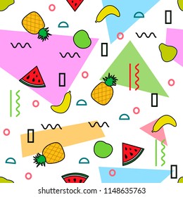 Seamless pattern. Geometric color and fruits. Memphis style