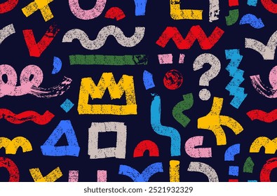 Seamless pattern geometric colored vector shapes drawn with a bold brush. Design thick rough semicircles circles. Template doodle grunge style elements wavy lines. Bold graffiti style geometric shapes
