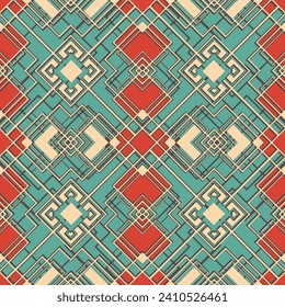 Seamless pattern with geometric composition. Retro palette with a predominance of beige, red and blue. Vector illustration