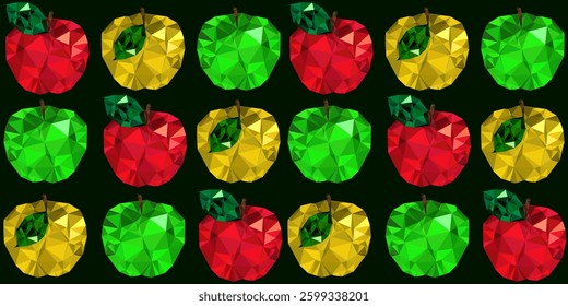 seamless pattern: geometric cubism green red yellow apples on dark background in a row. vector design with triangles. modern abstract fruit illustration for textile and decor