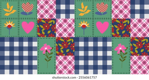 Seamless pattern with geometric Cute seamless pattern decorated with flowers, leaves, polka dots, designed for printing on paper, fabric, children's clothing, and wallpaper.