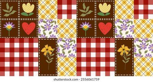 Seamless pattern with geometric Cute seamless pattern decorated with flowers, leaves, polka dots, designed for printing on paper, fabric, children's clothing, and wallpaper.