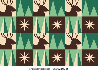 Seamless pattern geometric deer silhouettes, stars, trees. Scandinavian Christmas pattern. Vintage minimalistic holiday ornament. Winter forest print. Vector