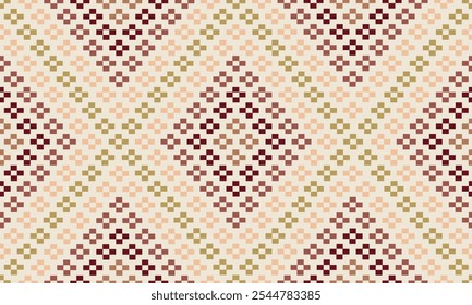 A seamless pattern with a geometric design. It features a repeating motif of squares and diamonds in shades of brown, red, and beige. The pattern has a subtle pixelated effect.