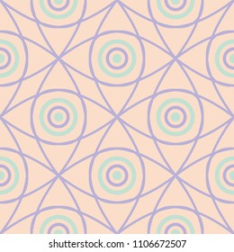 Seamless pattern with geometric design. Violet and blue elements on pale pink background. For fabrics and wallpapers