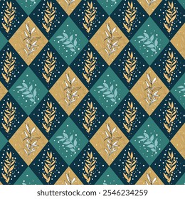 Seamless pattern with geometric diamond shape. Several gold-colored leaves with small white dots scattered texture. 