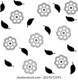 Motif harmonieux de fleurs géométriques à pois alternant avec des feuilles, fleurs noires dessinées à la main avec des feuilles, peut être utilisé pour créer un motif répétitif pour le tissu, rideau, coussin, tapis ou fond d'écran