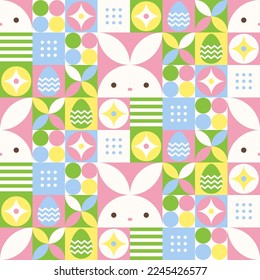 Seamless pattern with geometric Easter or spring themed motifs. Repeatable pattern tile design with cute bunny, egg, flower, and abstract shapes.
