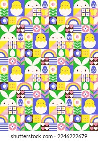 Seamless pattern with geometric Easter or spring themed motifs. Repeatable pattern tile design with cute bunny, chick, egg, flower, and abstract shapes.