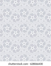 Seamless pattern from geometric elements in classical style. Volumetric forms. Winding plants.