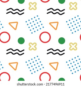 Seamless pattern with geometric elements. Colorful different shapes on white background. Art design for posters, postcards, fabric. Vector illustration.