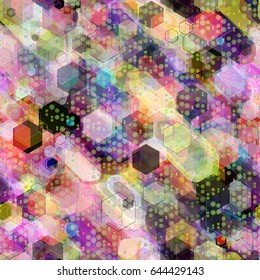 Seamless pattern with geometric elements. Dots, hexagons, polygons mix random. Vector texture for fabric, wrapping, home decor.