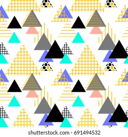 Seamless pattern Geometric elements Memphis Postmodern Retro fashion style 80-90s. texture shapes triangle Yellow gray black blue lilac for site fabric isolated on white background. Vector